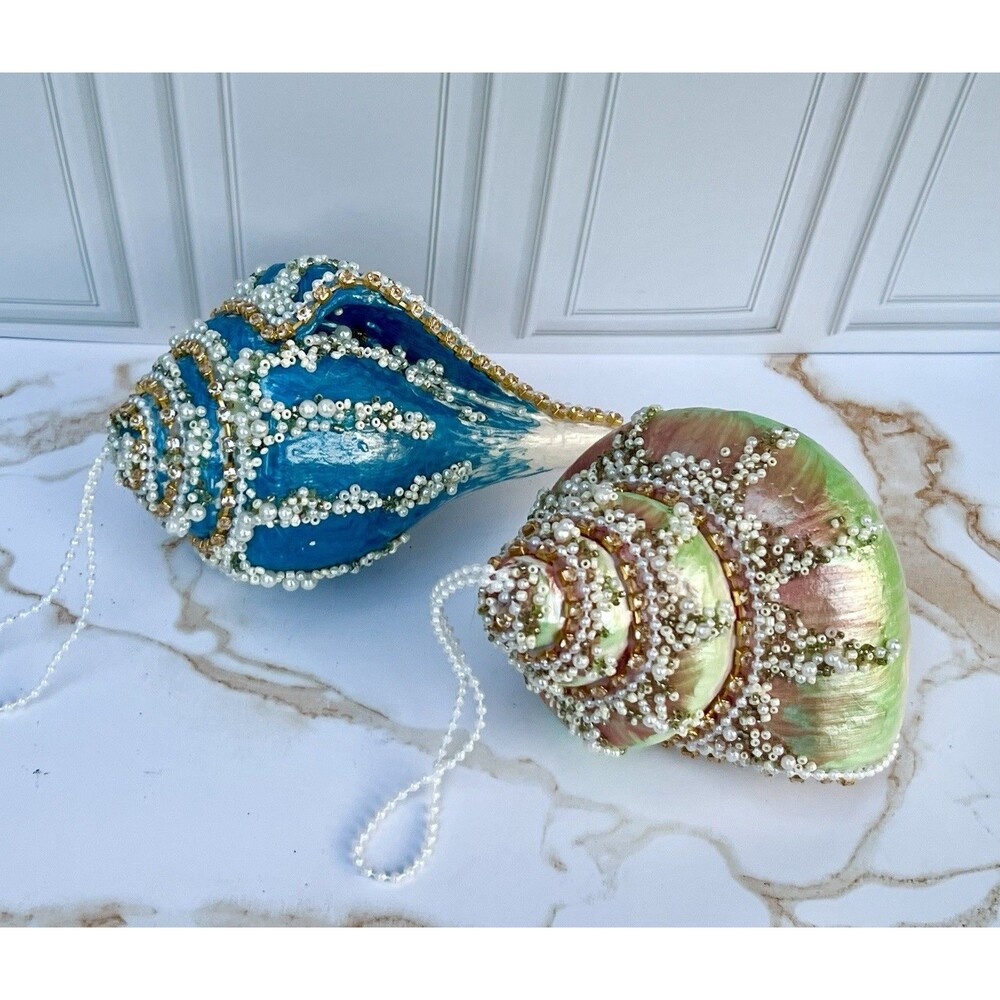 Large Jeweled Seashell Christmas Ornaments Pearl Beaded Rhinestone Coastal Pair - Picture 15 of 16